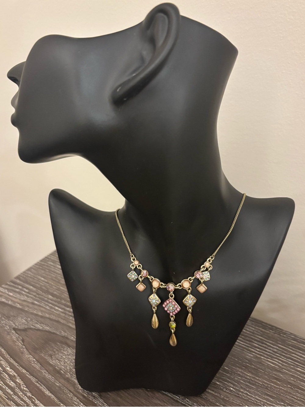 Carolina Herrera CH Gold Tone Enamel Pastels Crystal Charm Necklace Signed